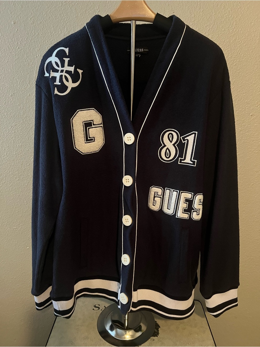 GUESS Varsity Raquelle V-Neck Cardigan with Logo Embroidery Women’s M